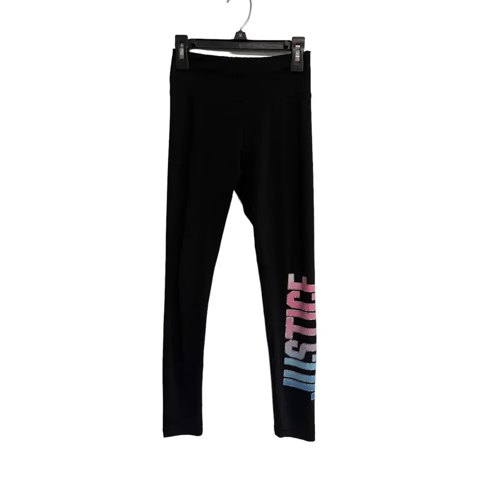 Justice Logo Leggings Full Length Girls Size 10 Black Athletic